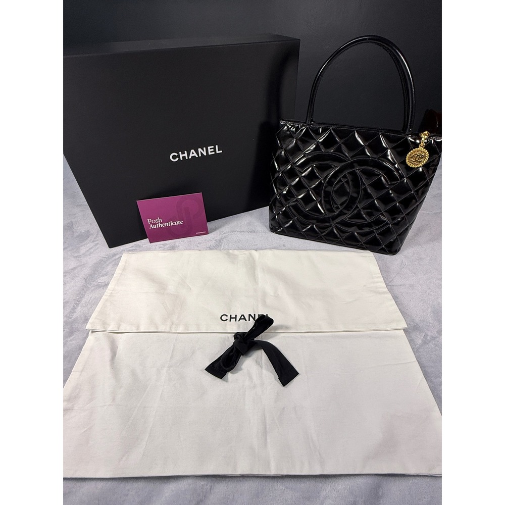 Chanel Black Patent Leather Quilted CC 24k Charm Tote Bag w/ Poshmark COA